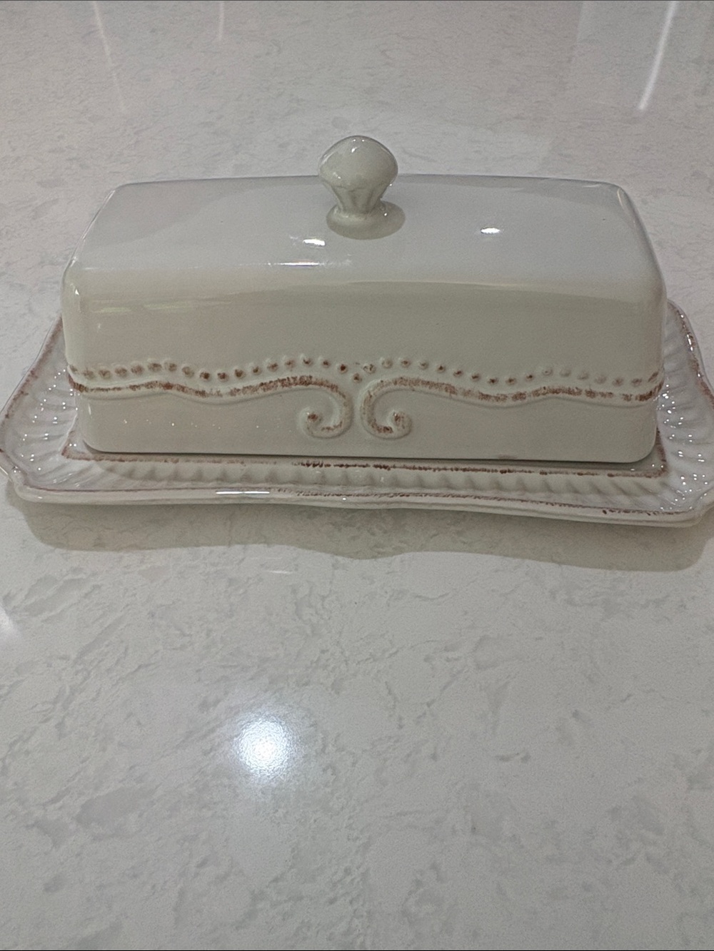 Cream Ceramic Butter Dish with Decorative Scrolls - Unbranded